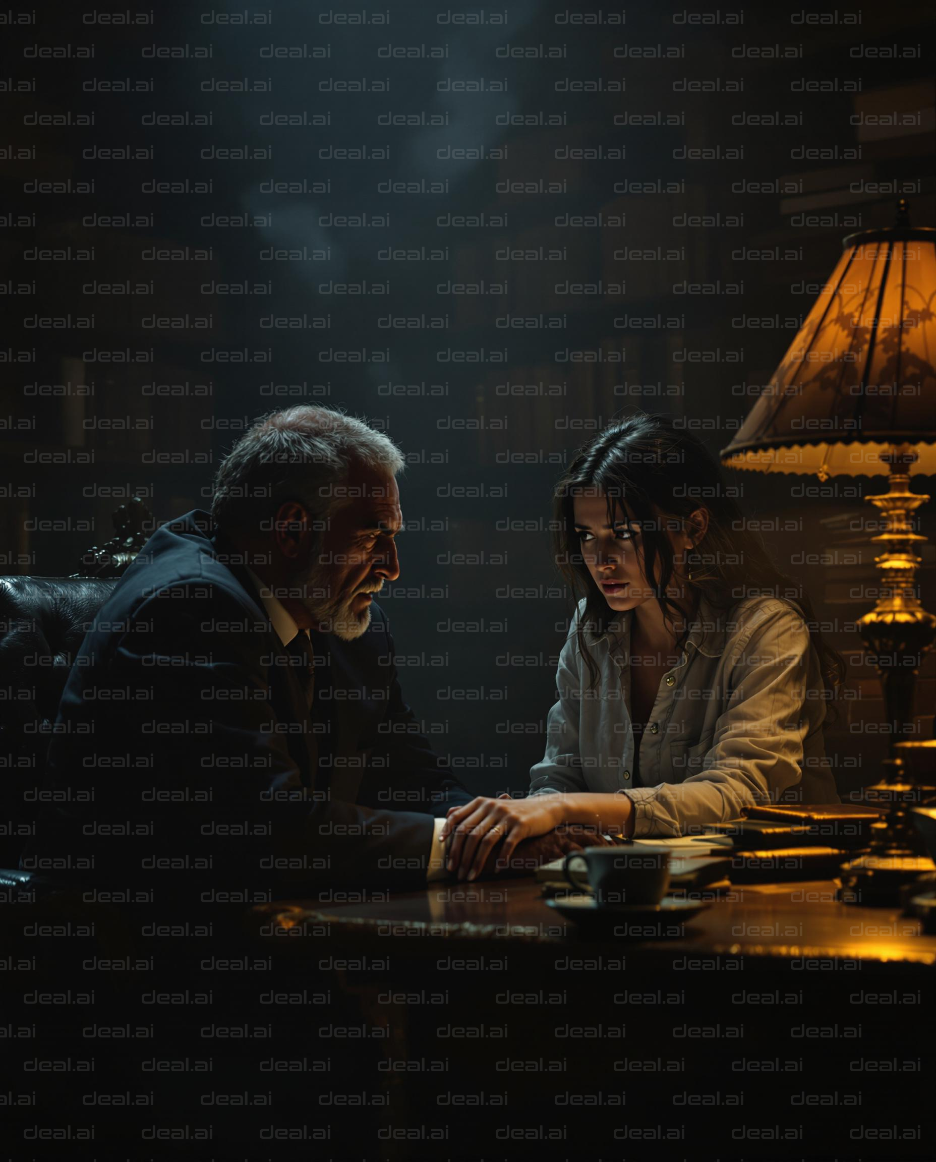 "Intense Discussion in Dimly Lit Room"