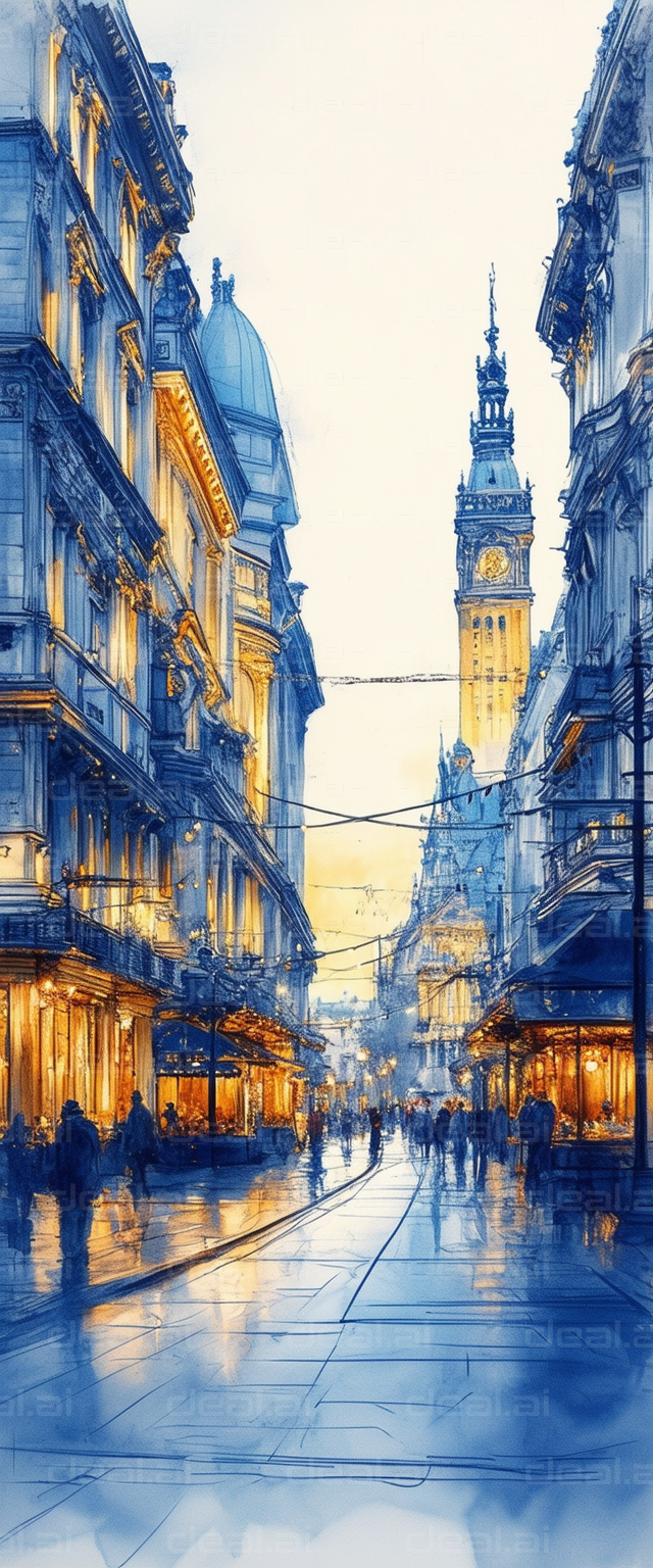 "Evening Lights in a European City"