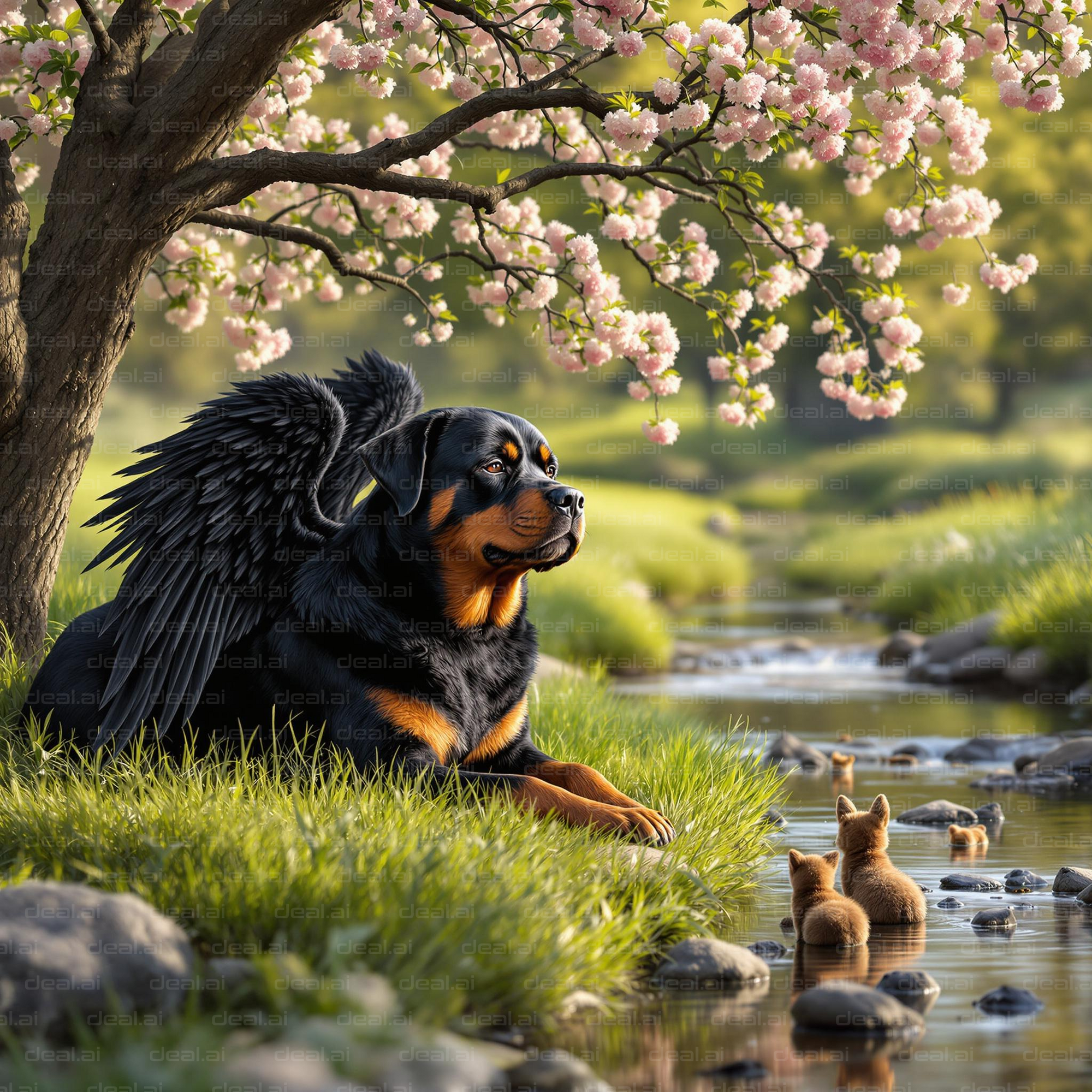 Winged Dog by Blossom Stream