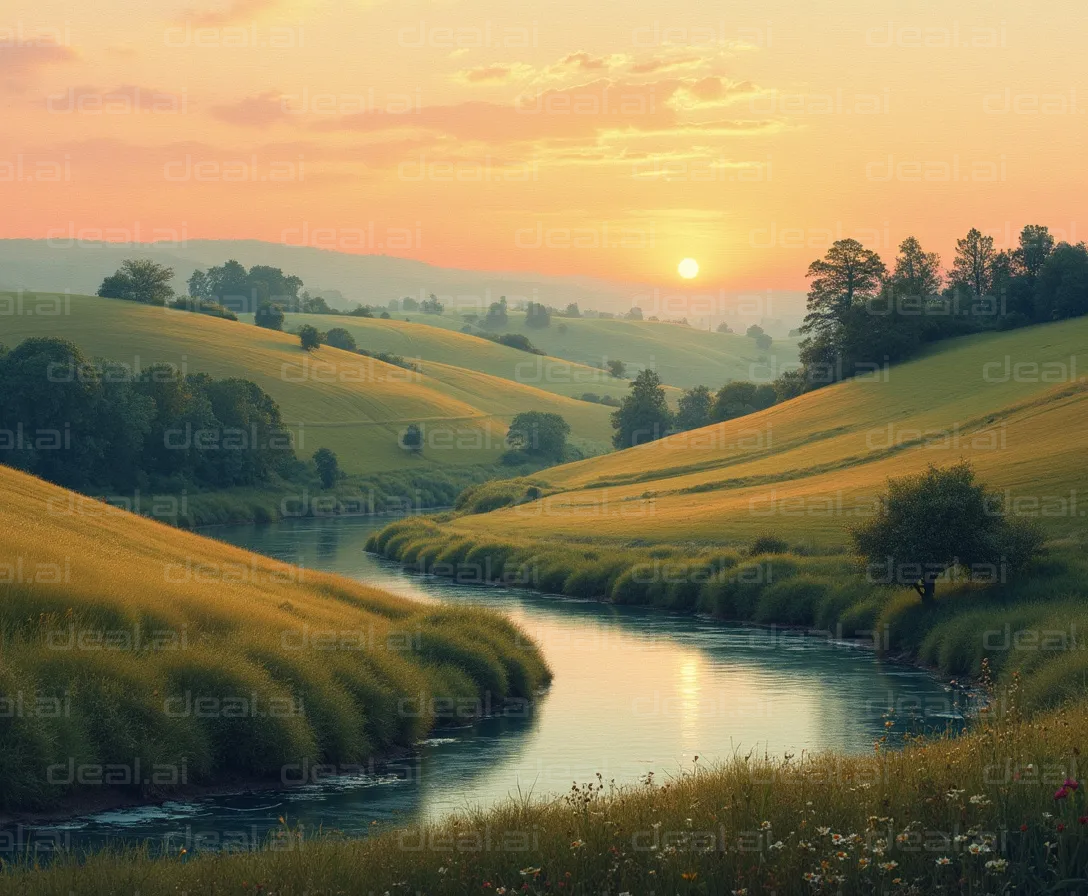 "Serene Sunset Over Rolling Hills"