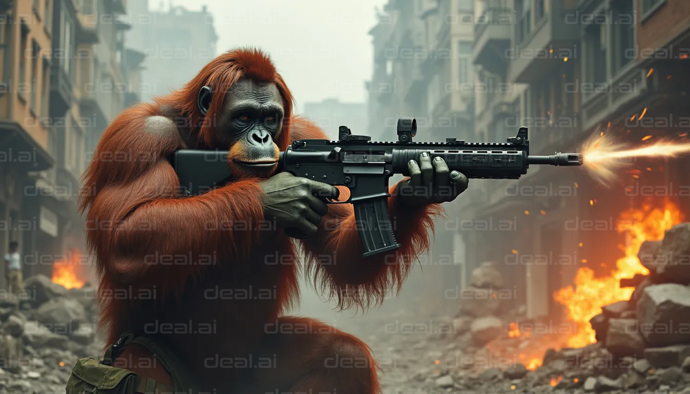 Orangutan with Rifle in Battle Scene