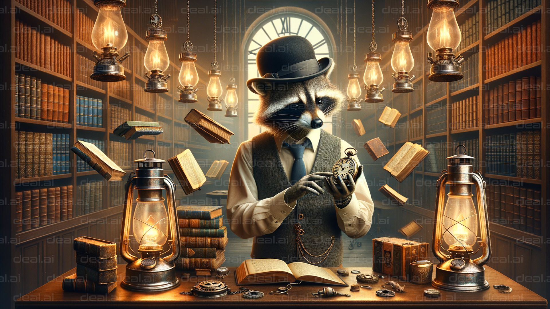 "Steampunk Raccoon in Magical Library"