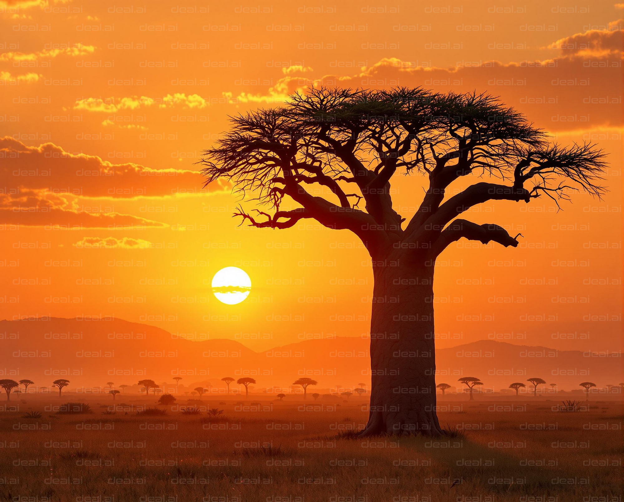 Sunset Over African Baobab Tree