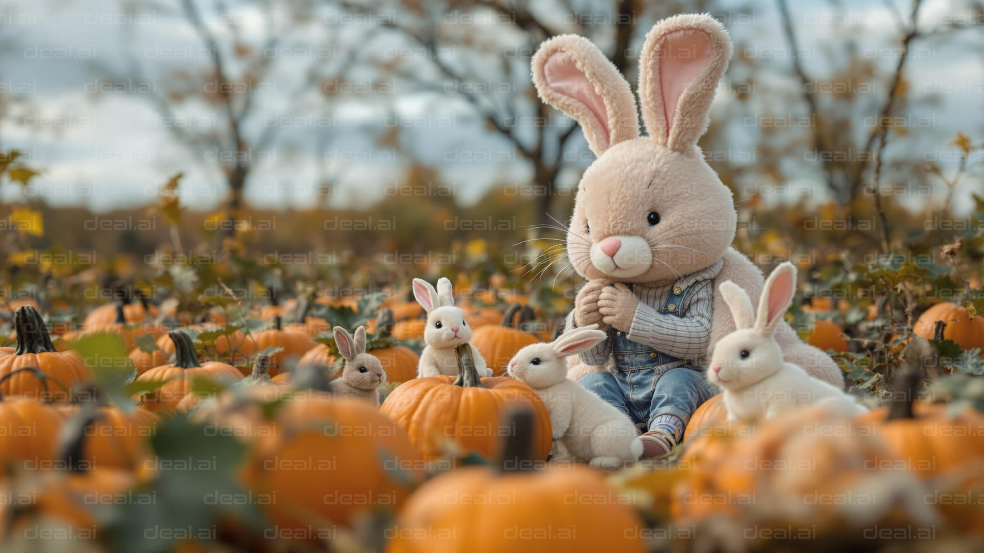 Bunnies Enjoying Pumpkin Field