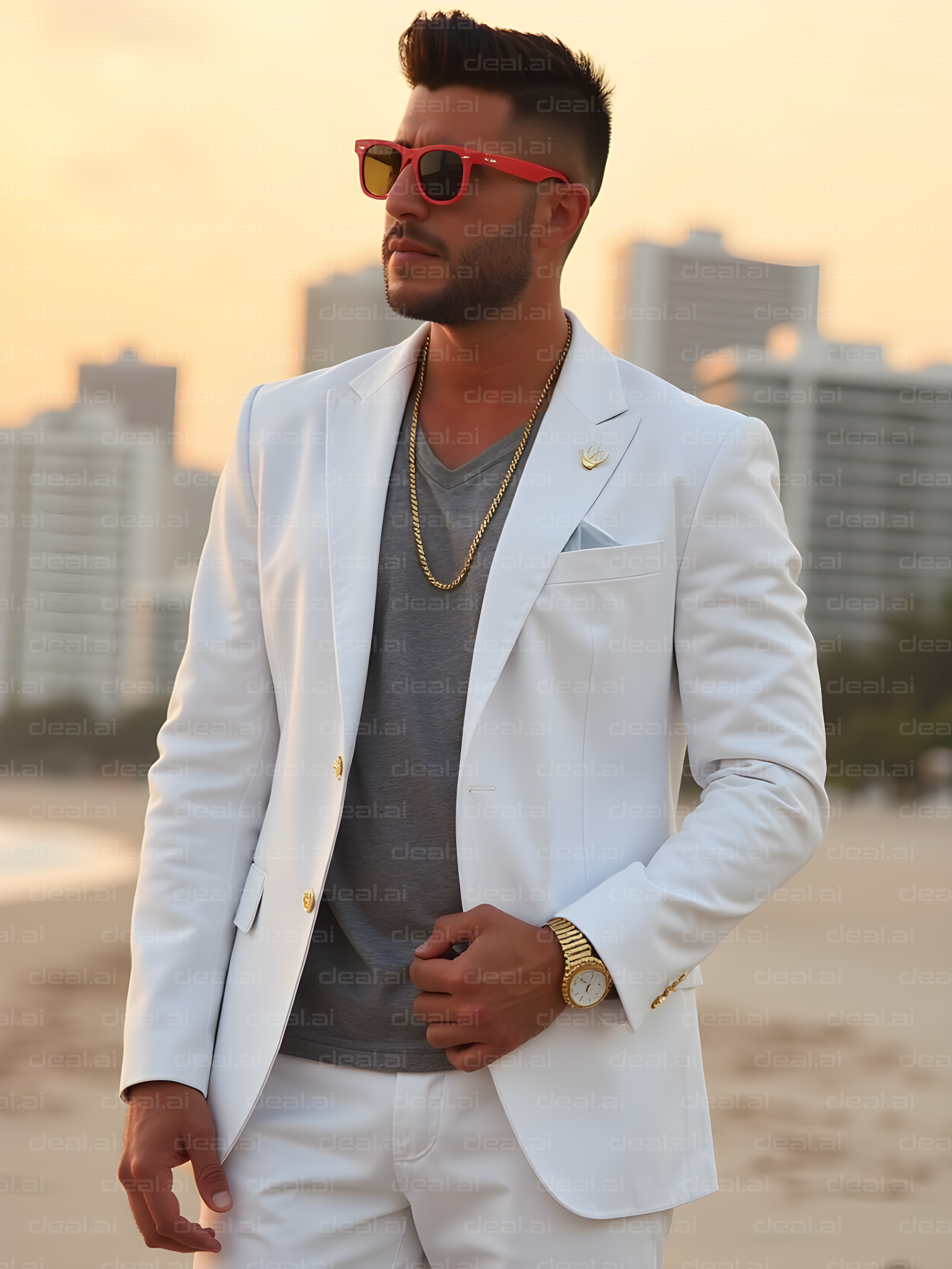 Stylish Man in White Suit on Beach