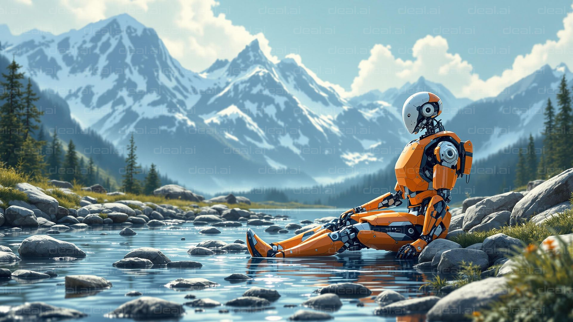 "Robot Ponders by Mountain Stream"