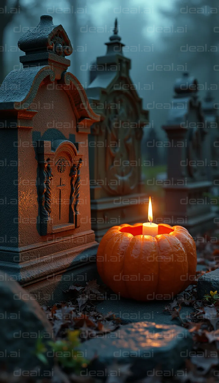 "Pumpkin Candle in Foggy Graveyard"