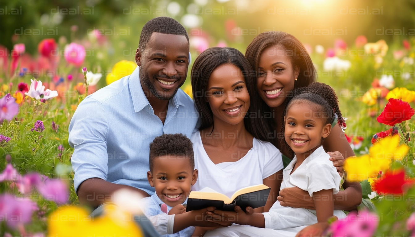 Family Reading Time in Blooming Garden