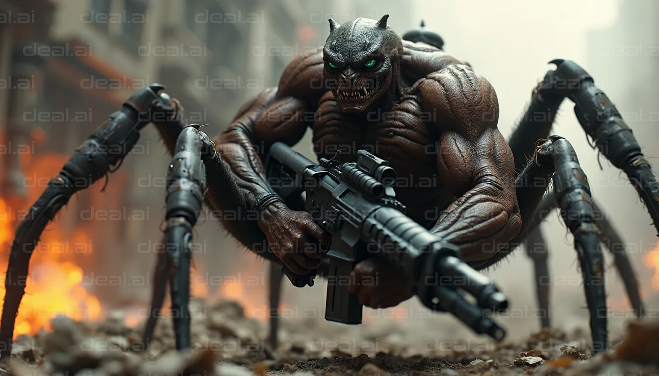 "Armed Monster in Post-Apocalyptic Ruins"