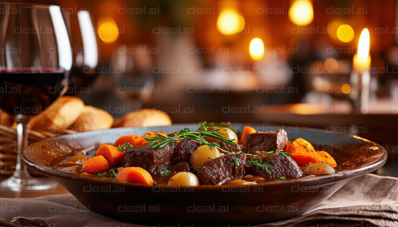 Cozy Dinner with Beef Stew and Wine