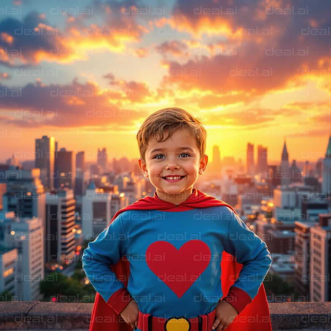 Young Hero at Sunset Over Cityscape