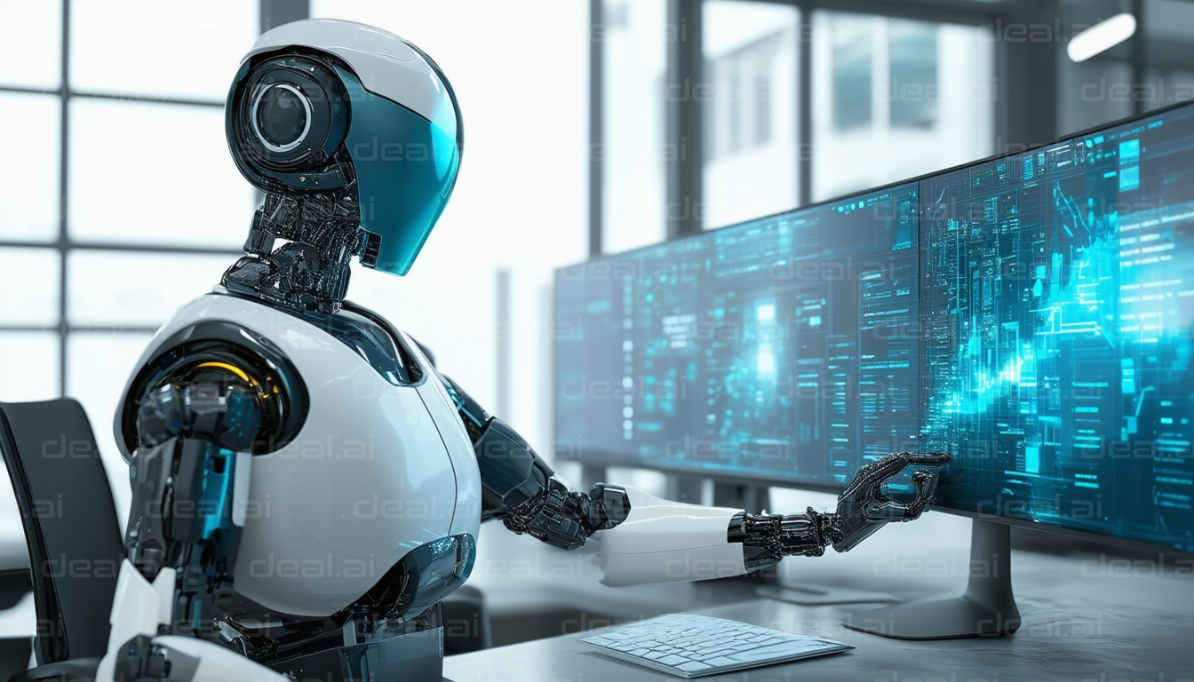 "AI Robot Analyzing Data on Monitors"