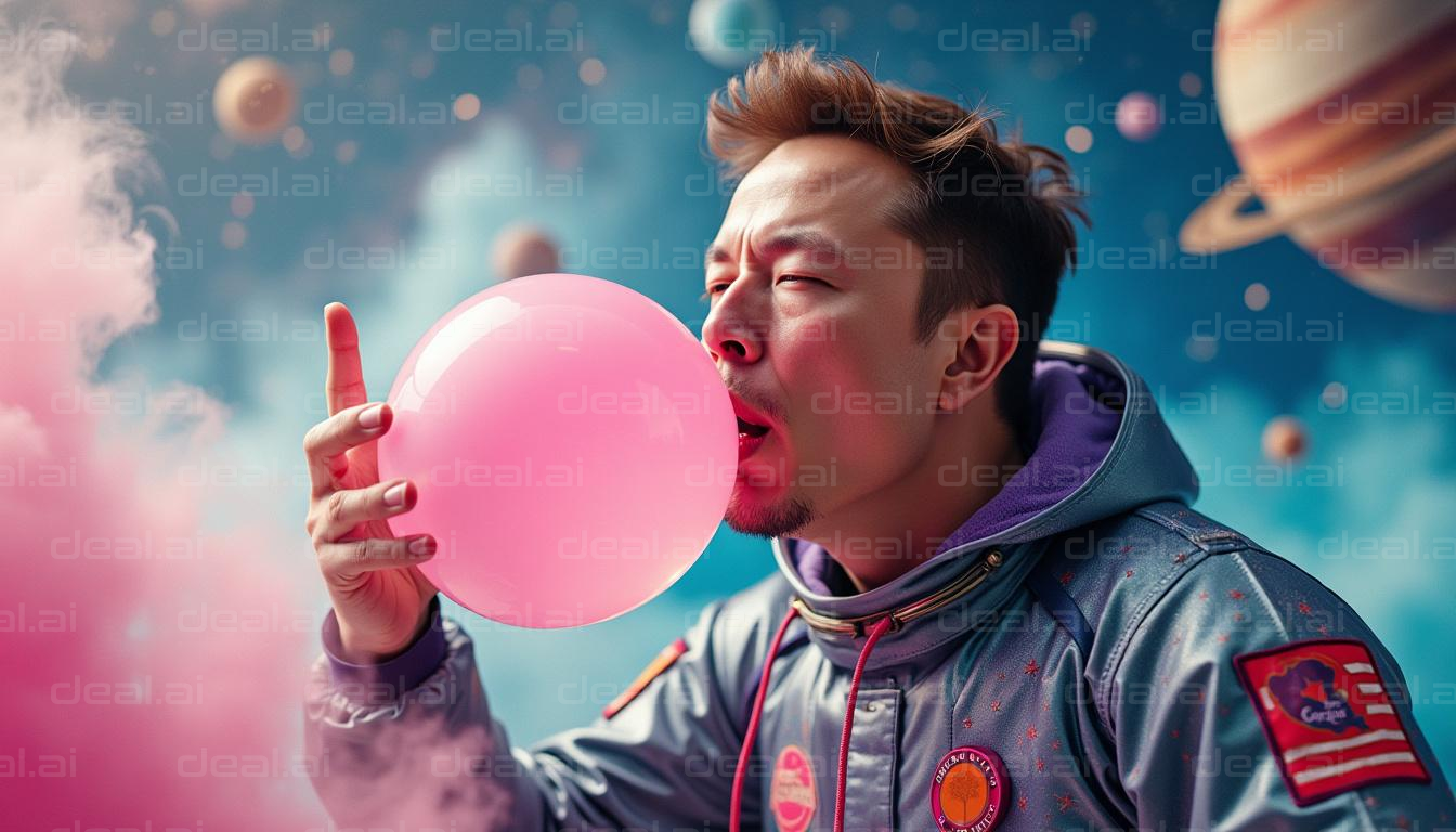 Astronaut Blowing Pink Bubble in Space