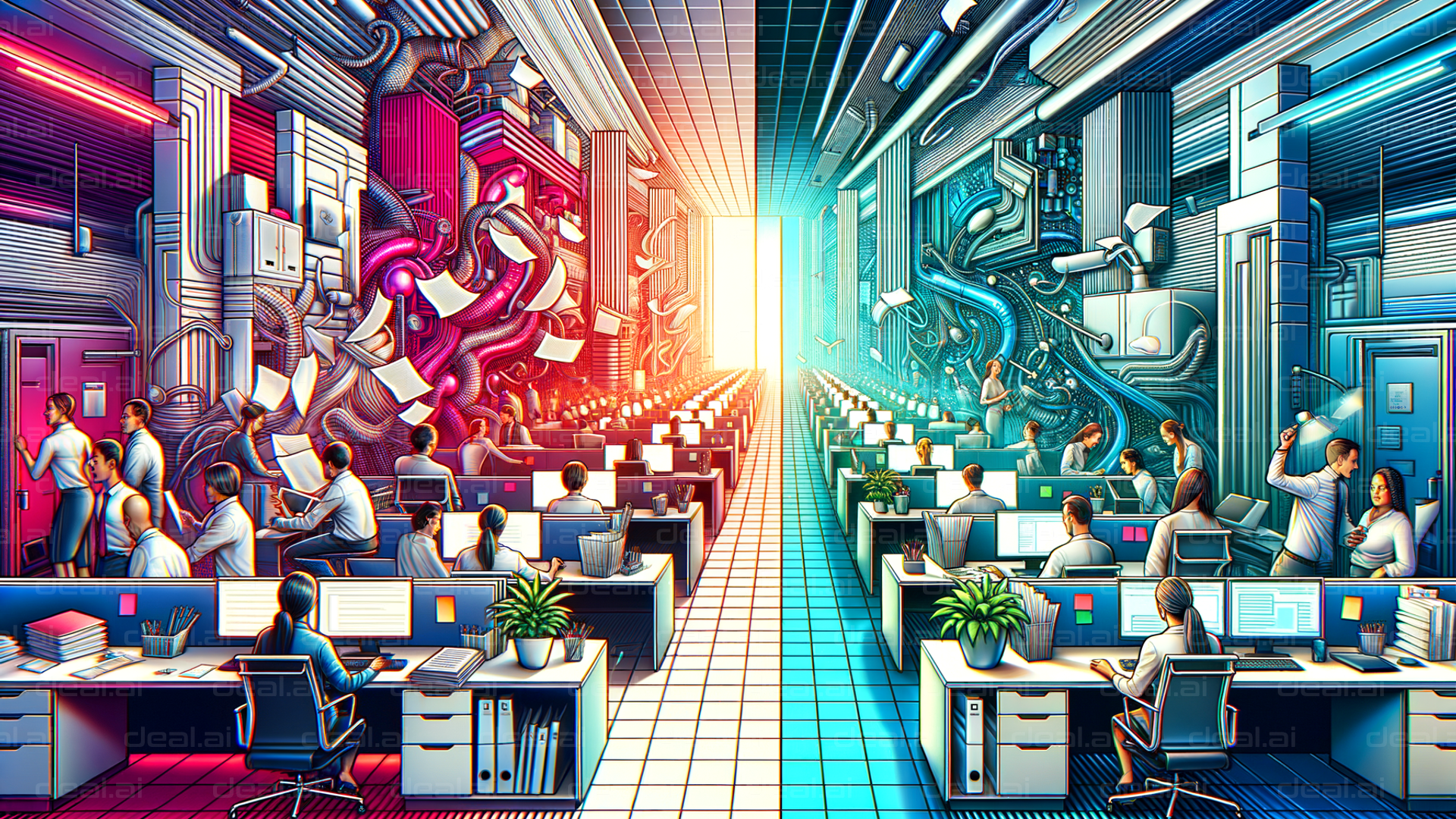 "Colorful Split Office Scene"