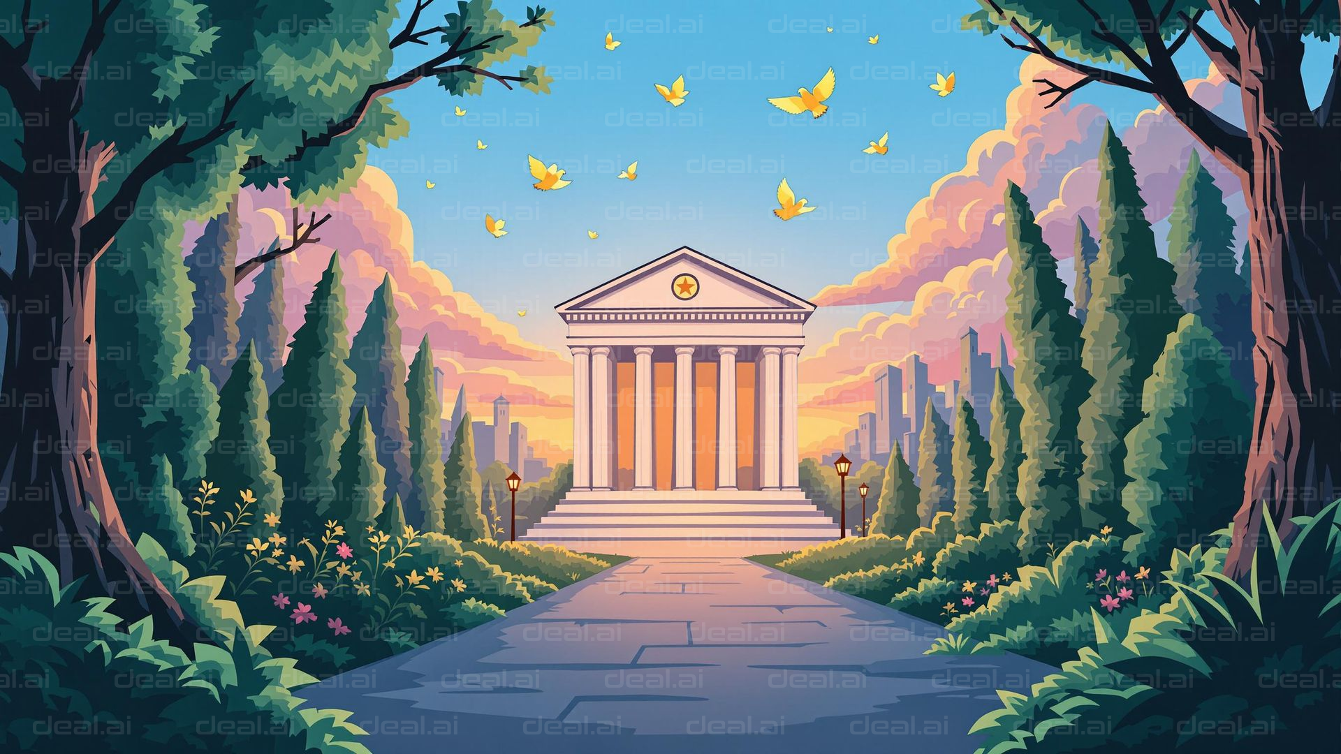"Tranquil Temple in Blooming Garden"
