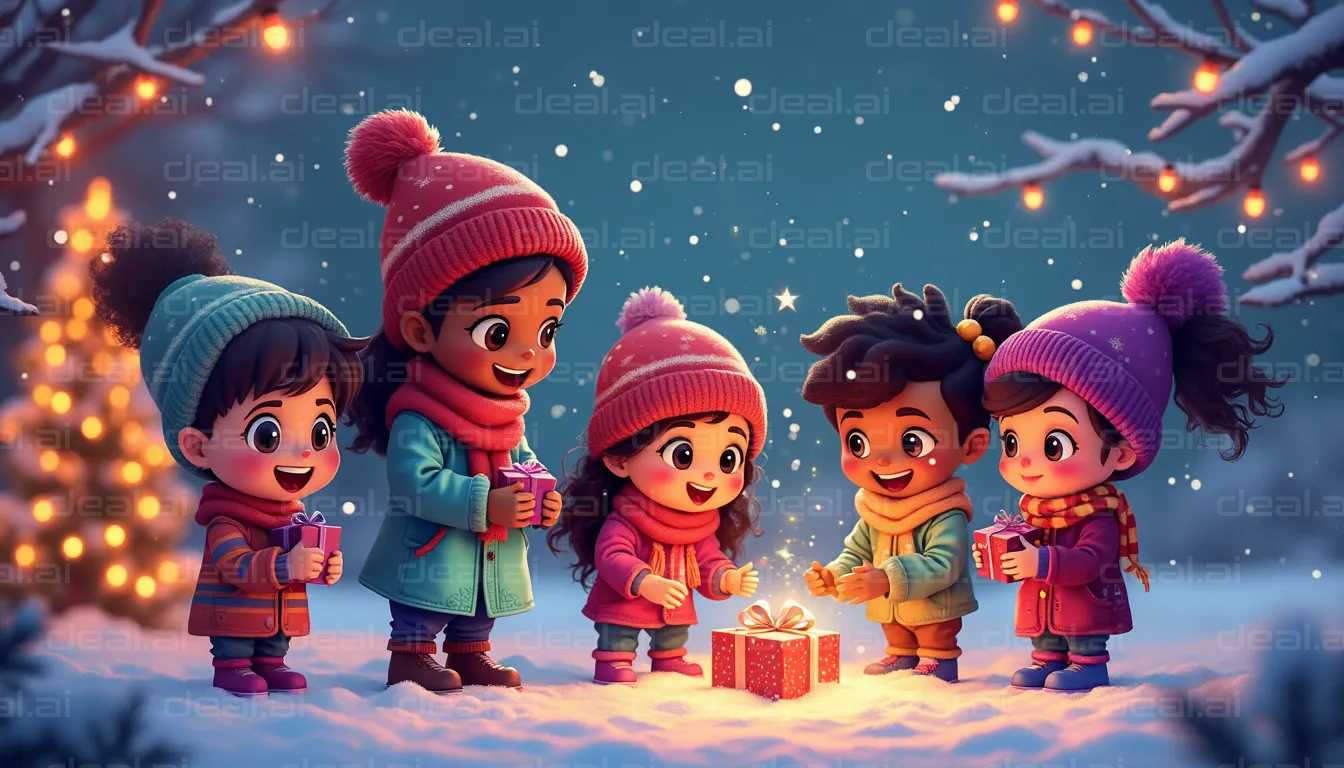 "Children Sharing Gifts in Winter Wonderland"