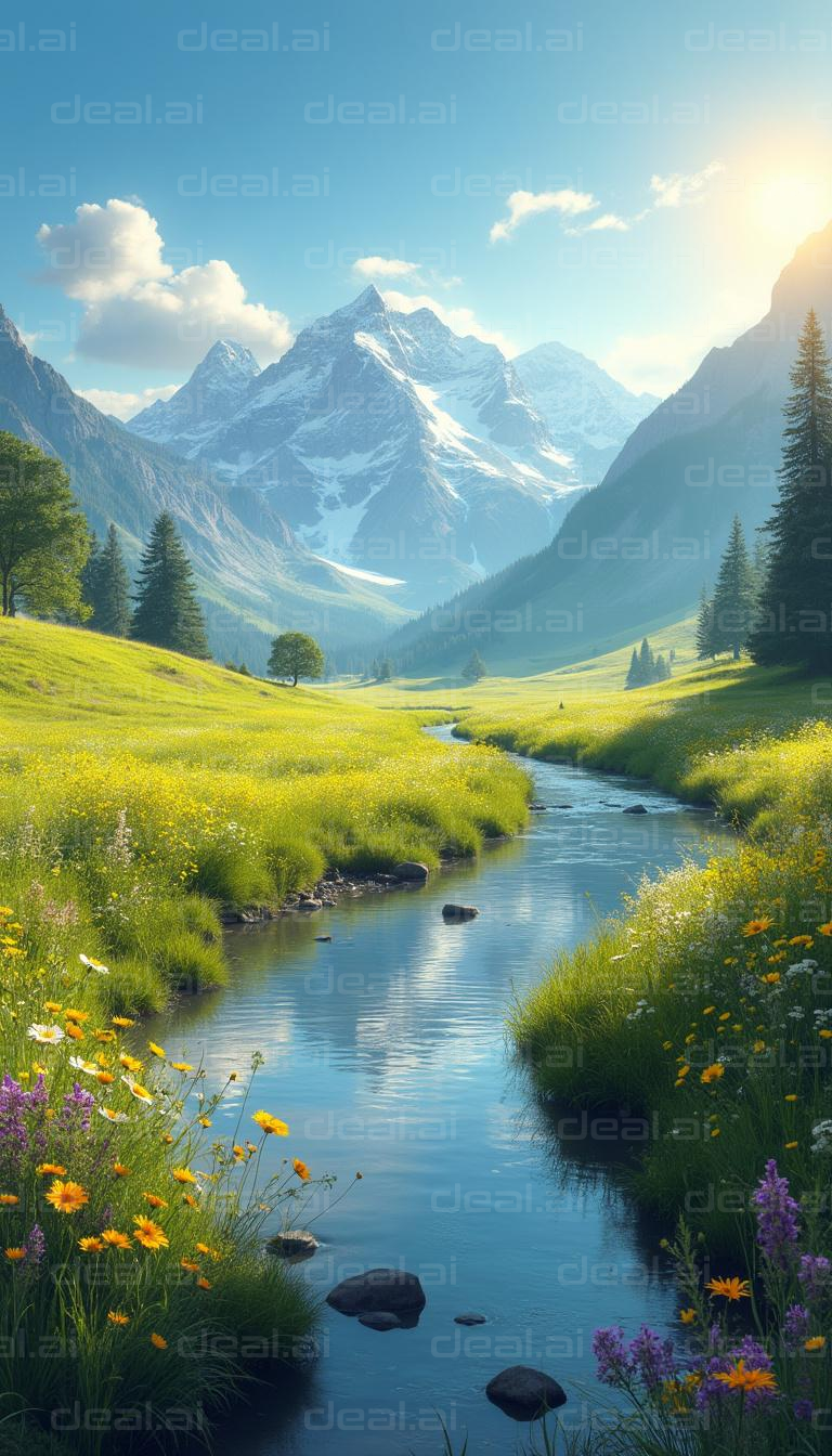 "Mountain Stream and Wildflowers"