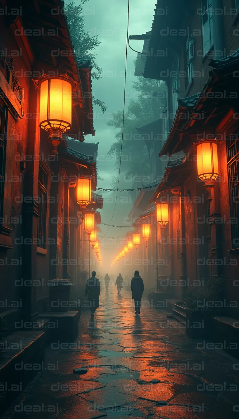 "Misty Alley with Lanterns at Dawn"