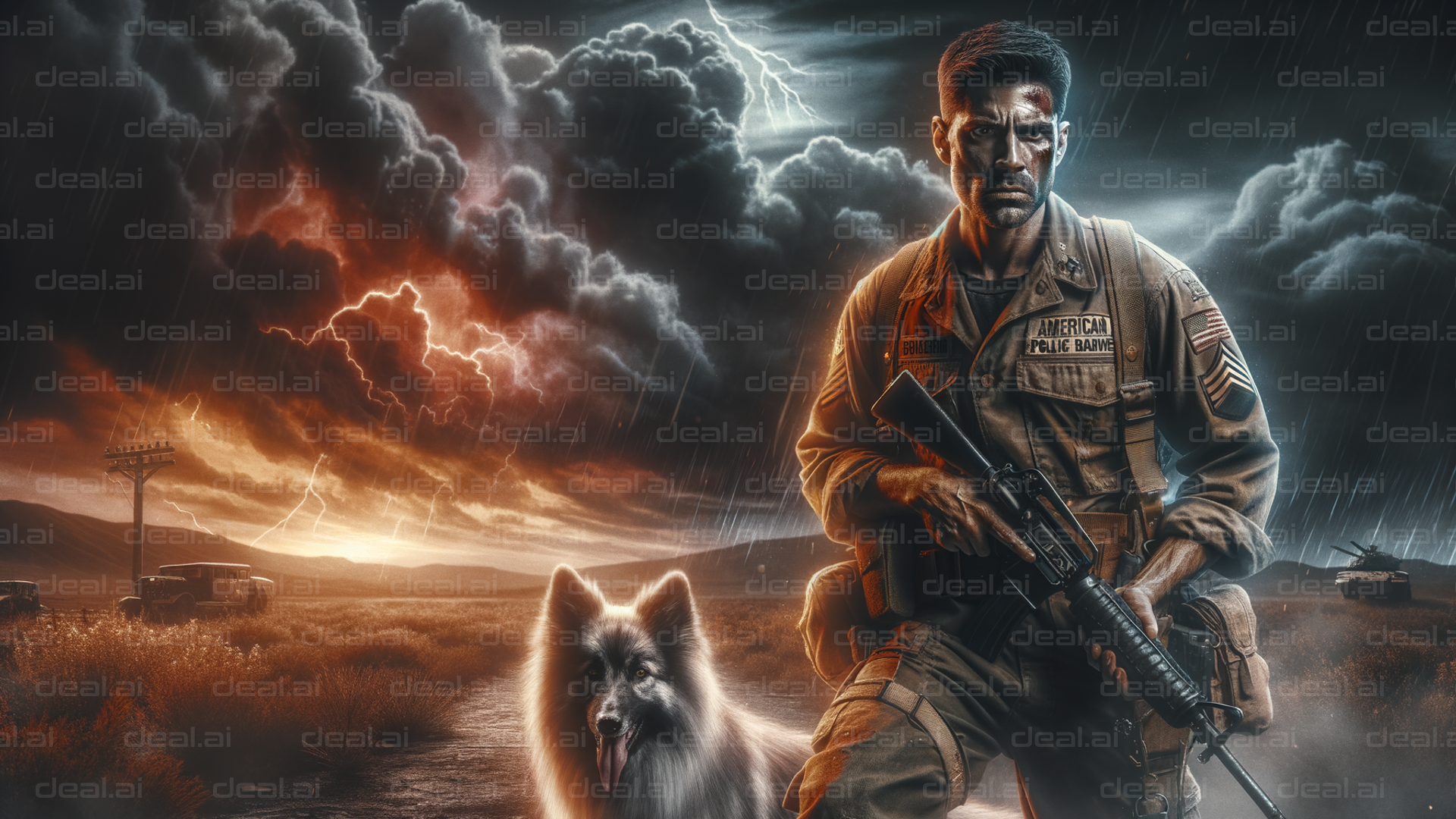 "Soldier and Dog Under Stormy Skies"