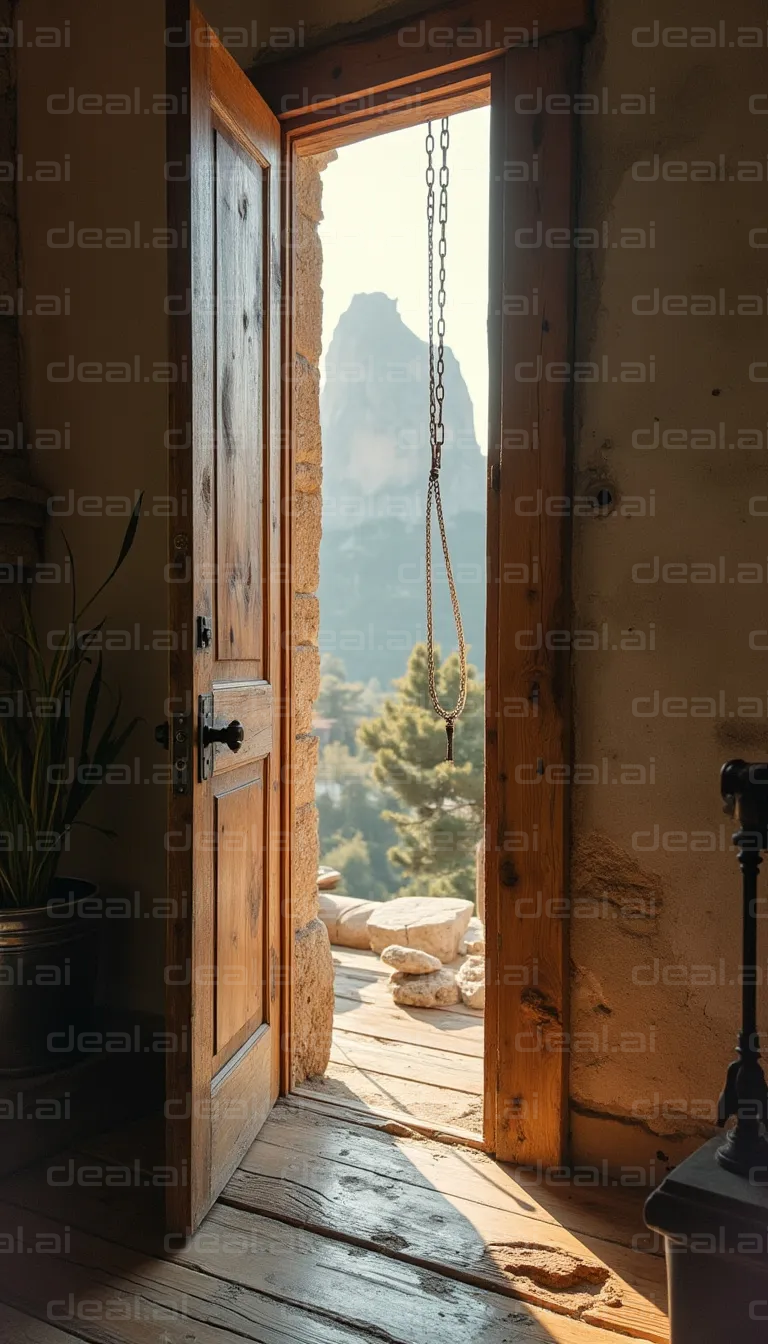 Sunlit Mountain View Through Rustic Door