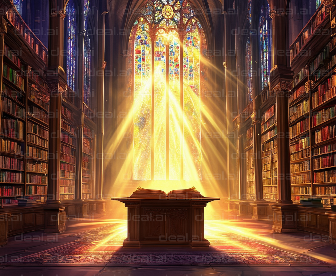 "Sunlit Cathedral Library of Knowledge"