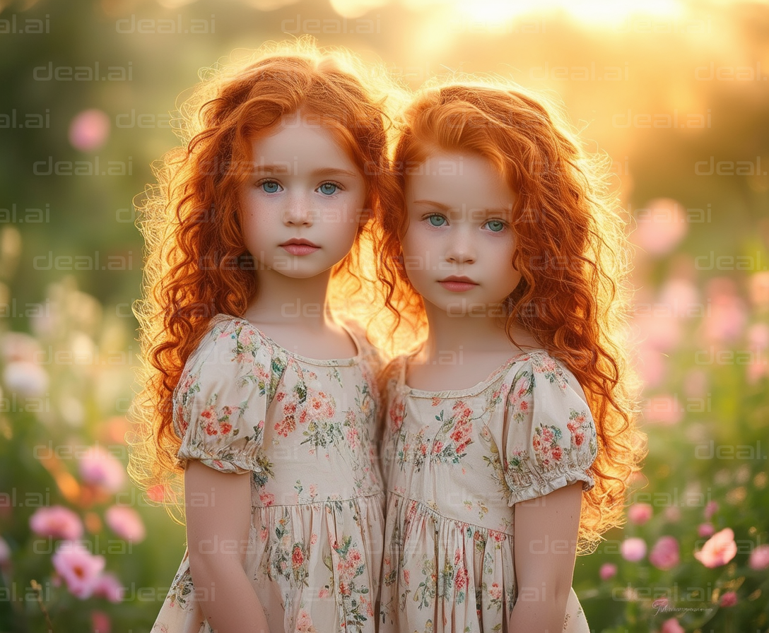 "Redheaded Twins in Sunlit Garden"