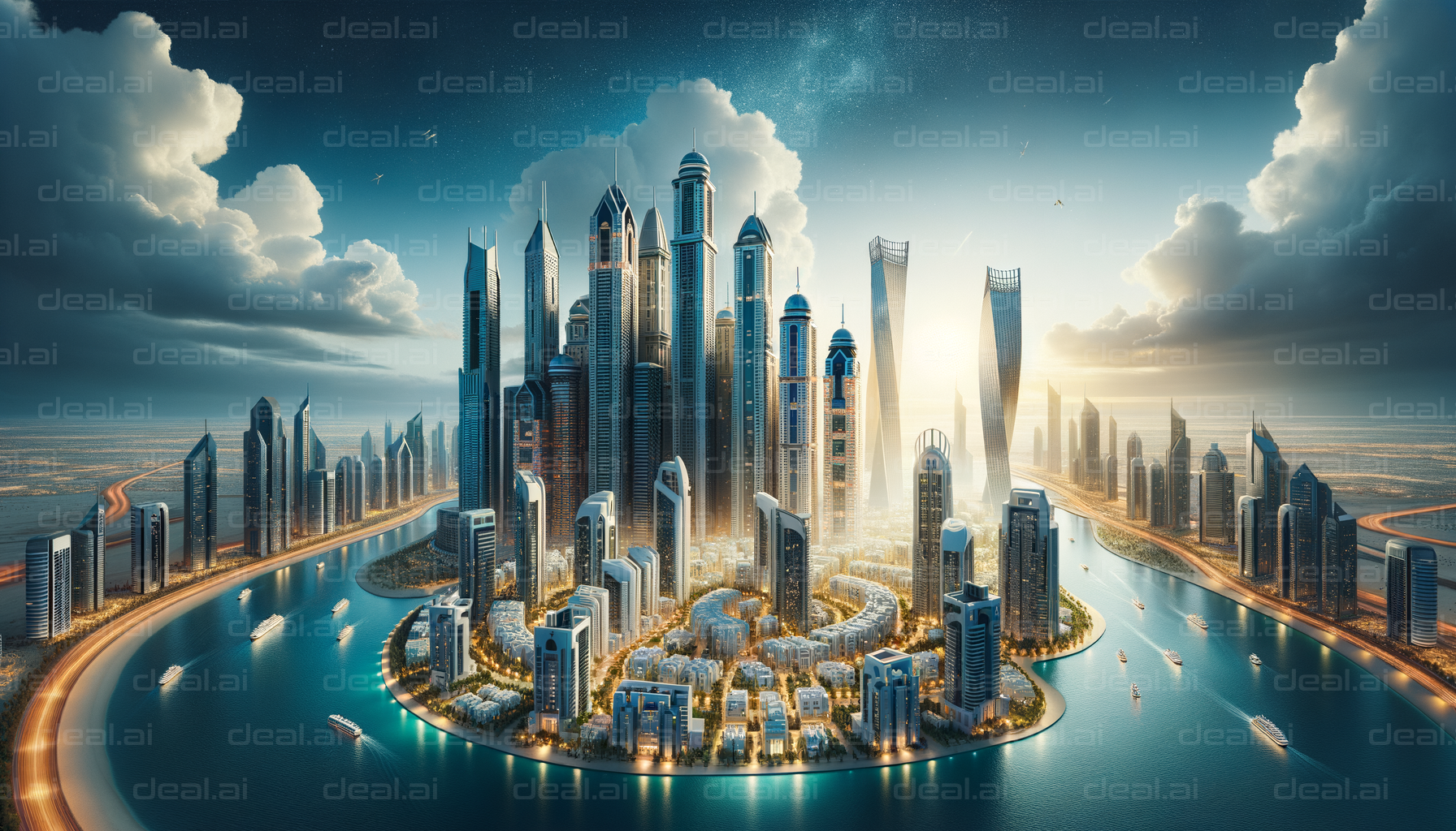 Futuristic Coastal City at Sunset