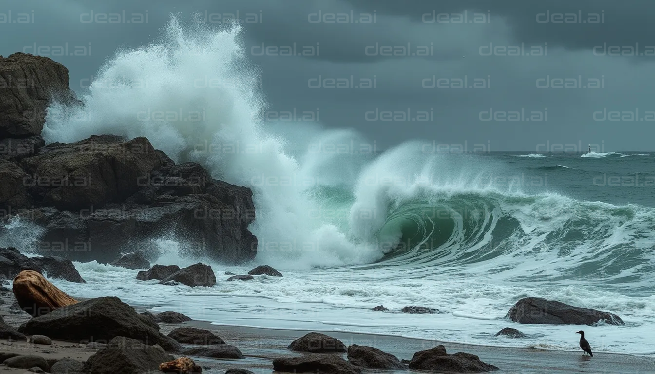 "Powerful Waves Crash Against Rocky Shore"