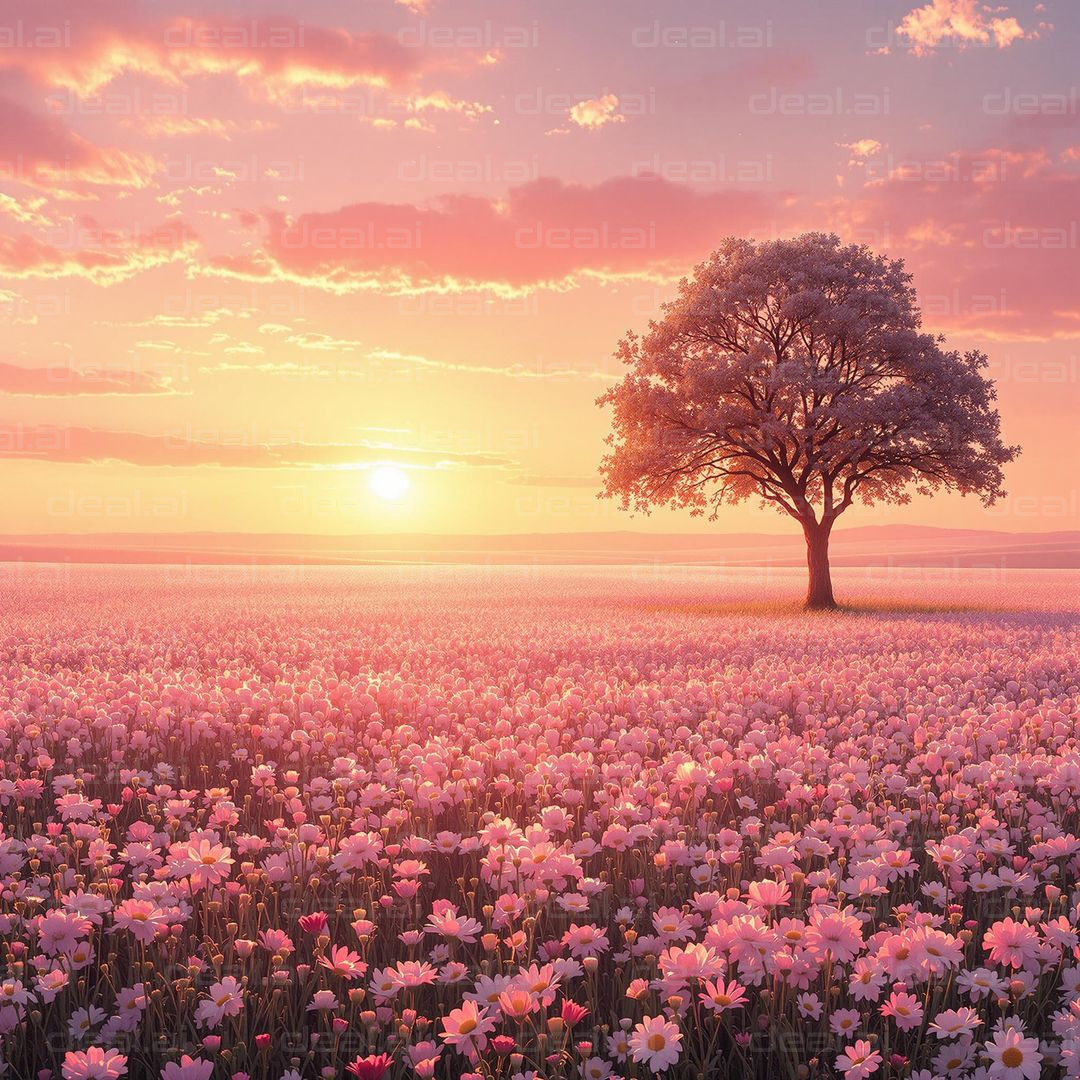 "Serene Sunrise over Flower Field"