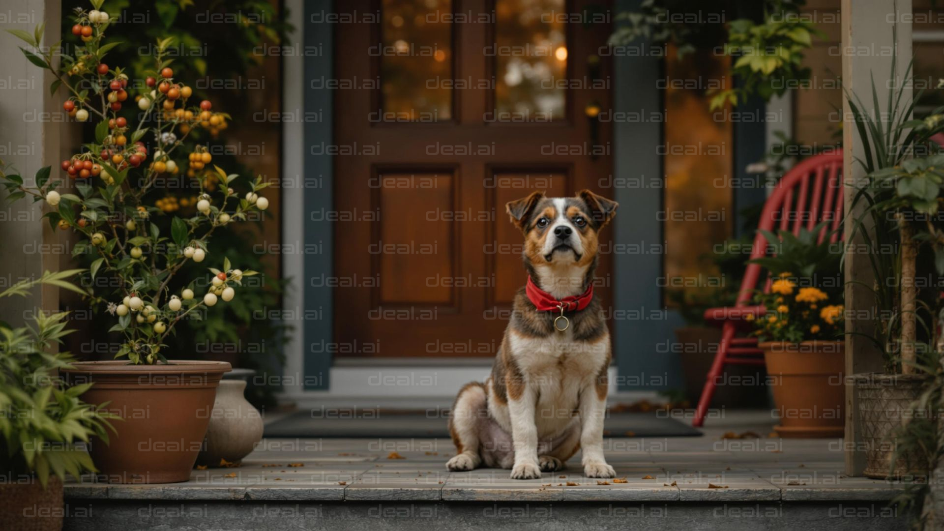 Dog on Porch with Red Bandana