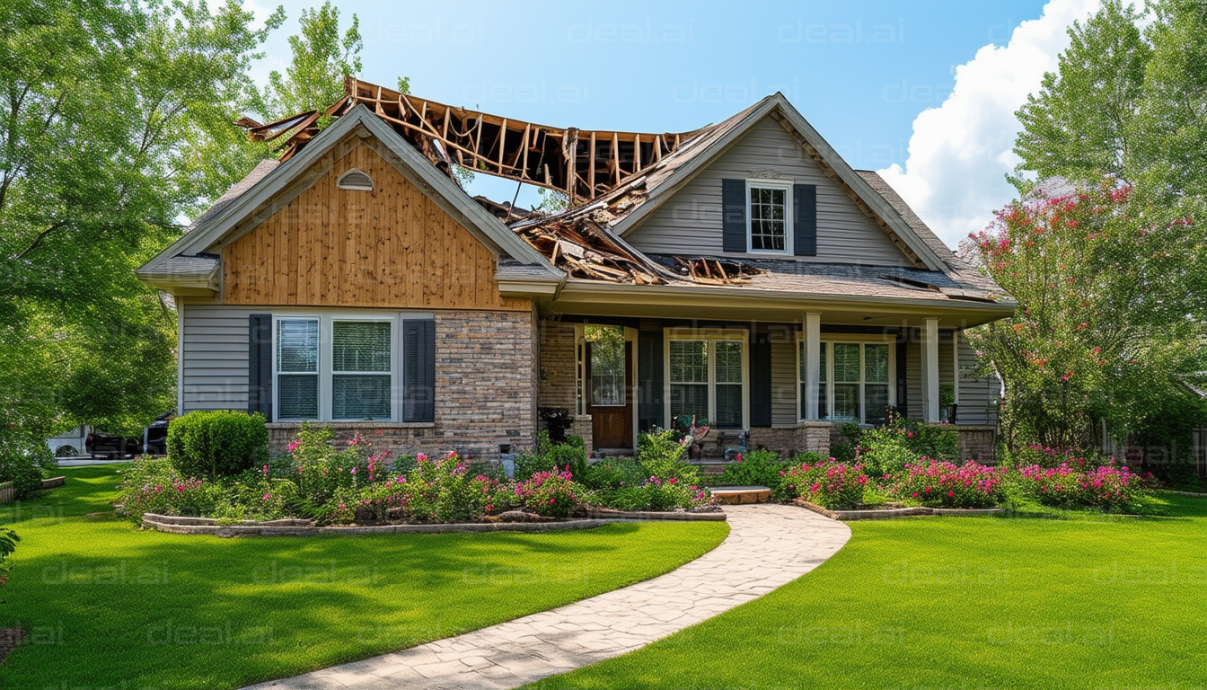 House with Roof Damage in a Sunny Garden