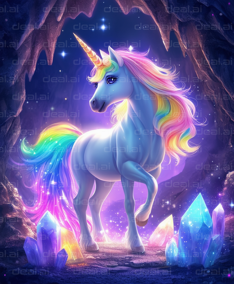 "Majestic Unicorn in Crystal Cavern"