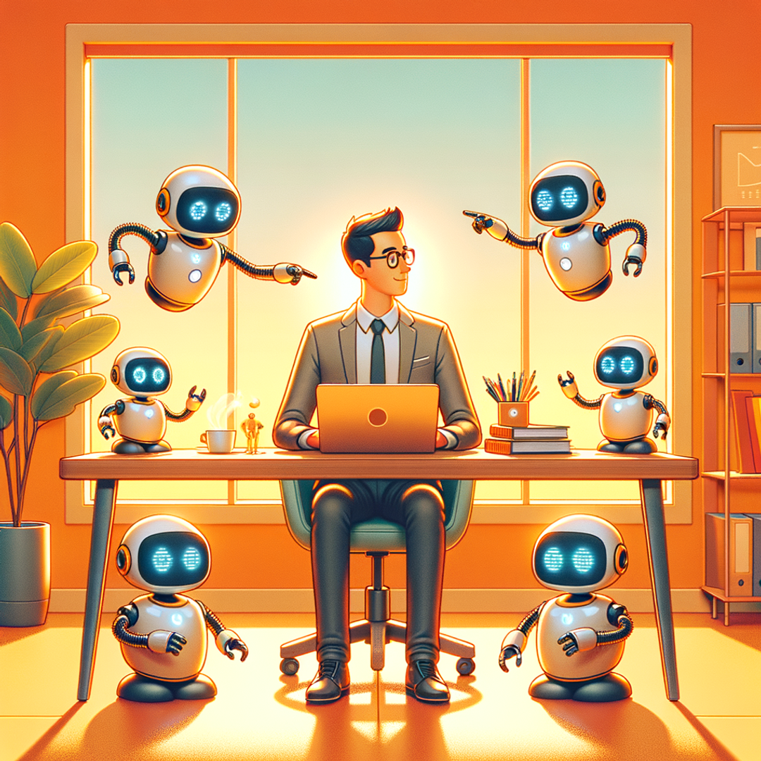 "Office Worker Surrounded by Robots"