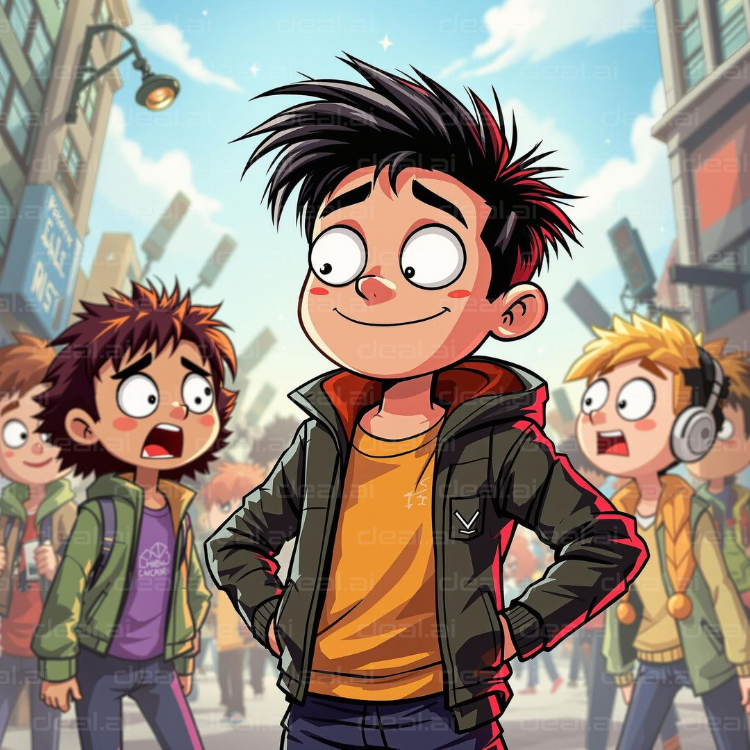 Confident Cartoon Kid in the City