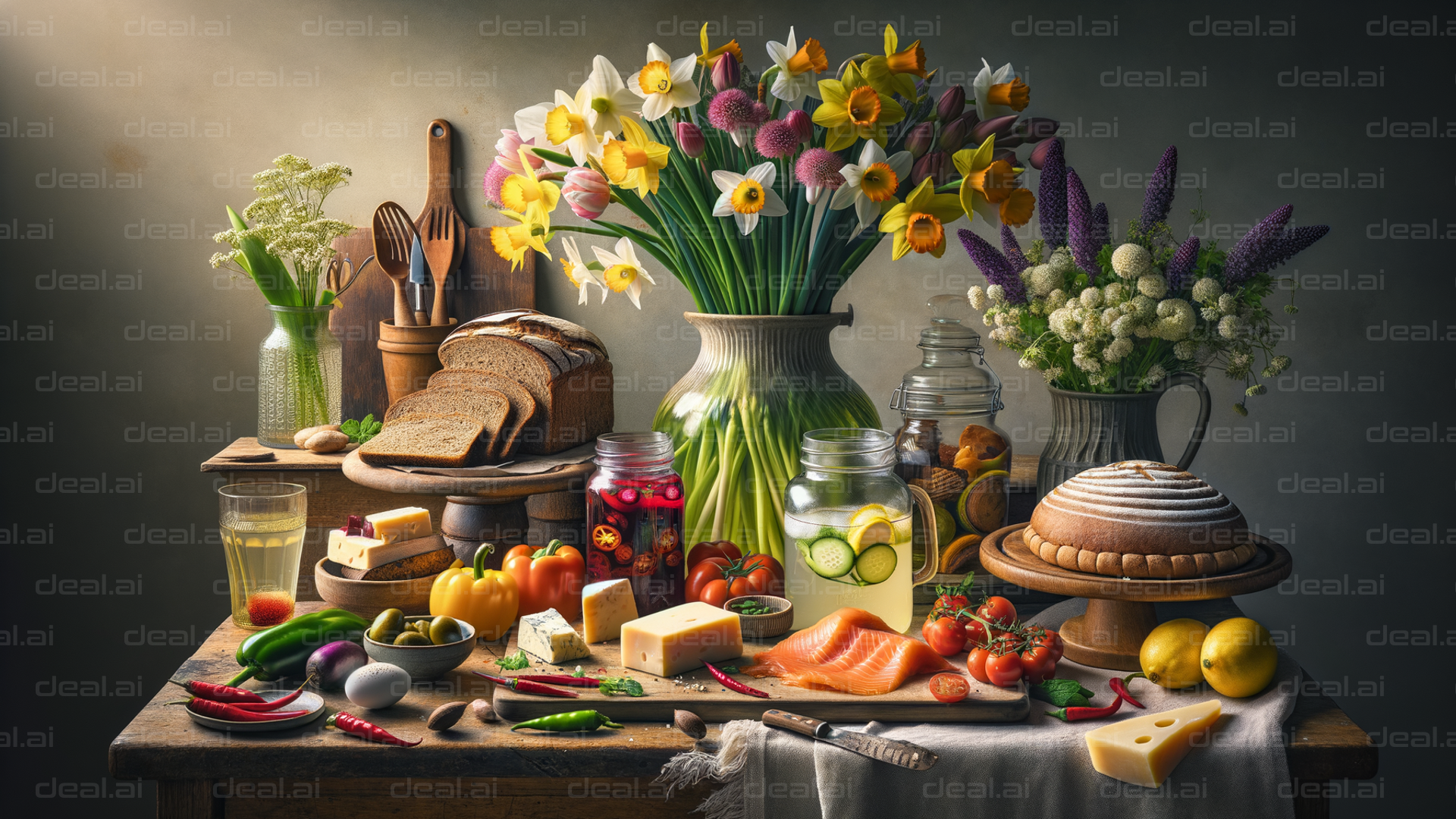 Rustic Table with Flowers and Feast