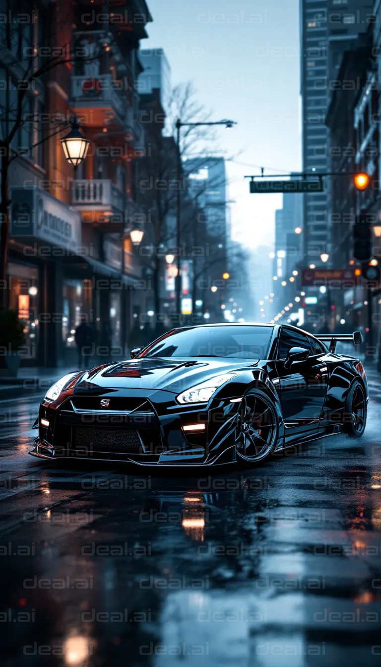 Sleek Car on Rainy City Street