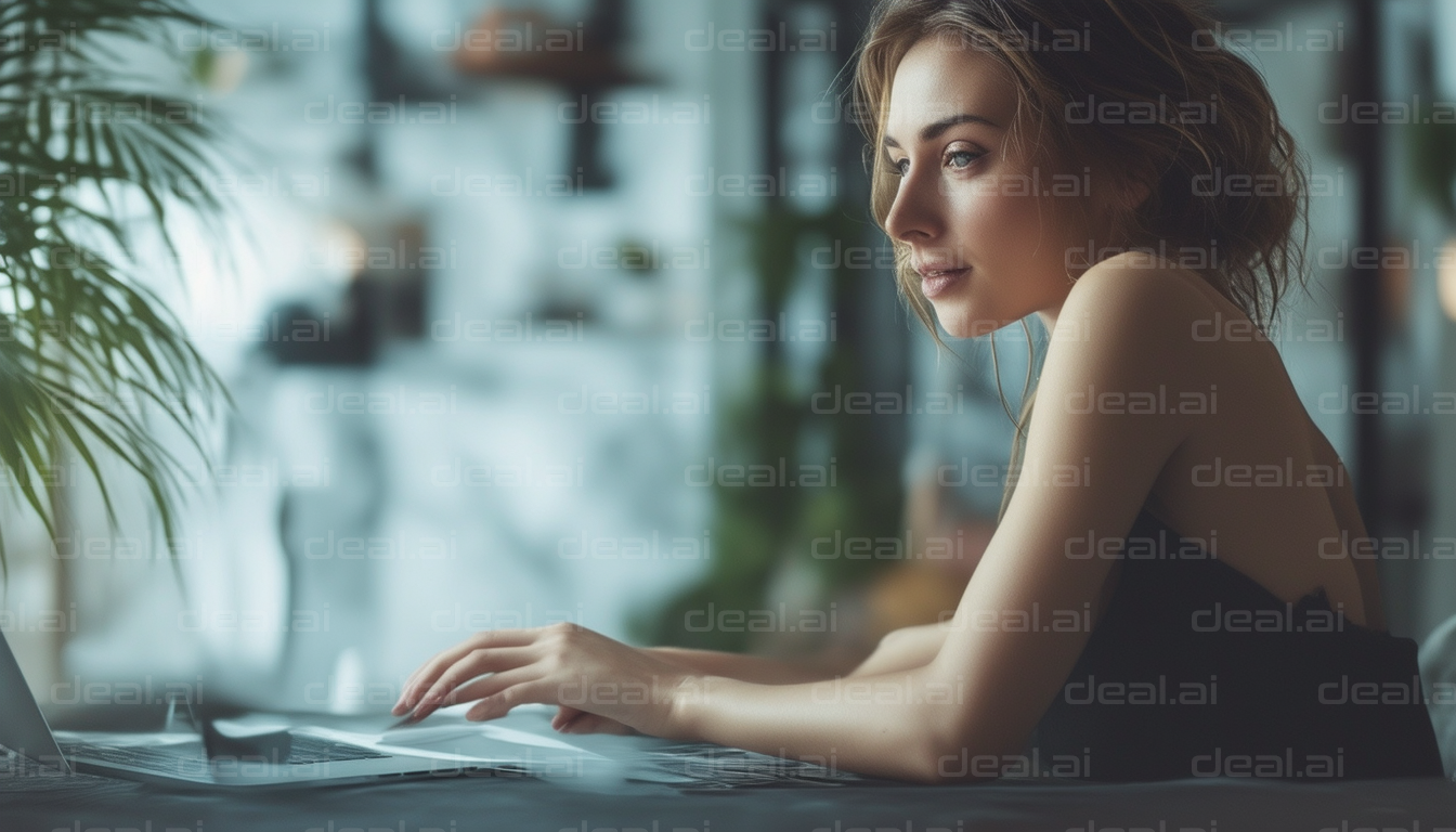 Woman Working at Laptop Indoors