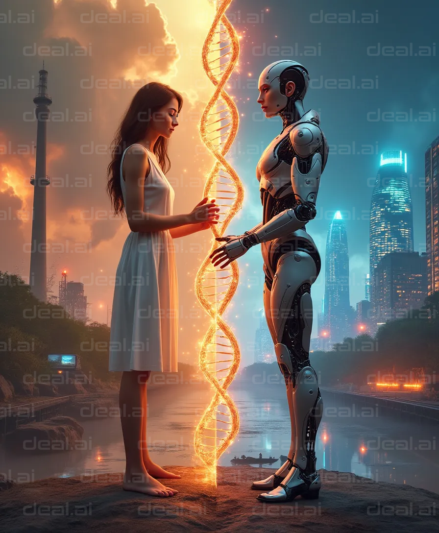 "Human AI Connection at Sunset"