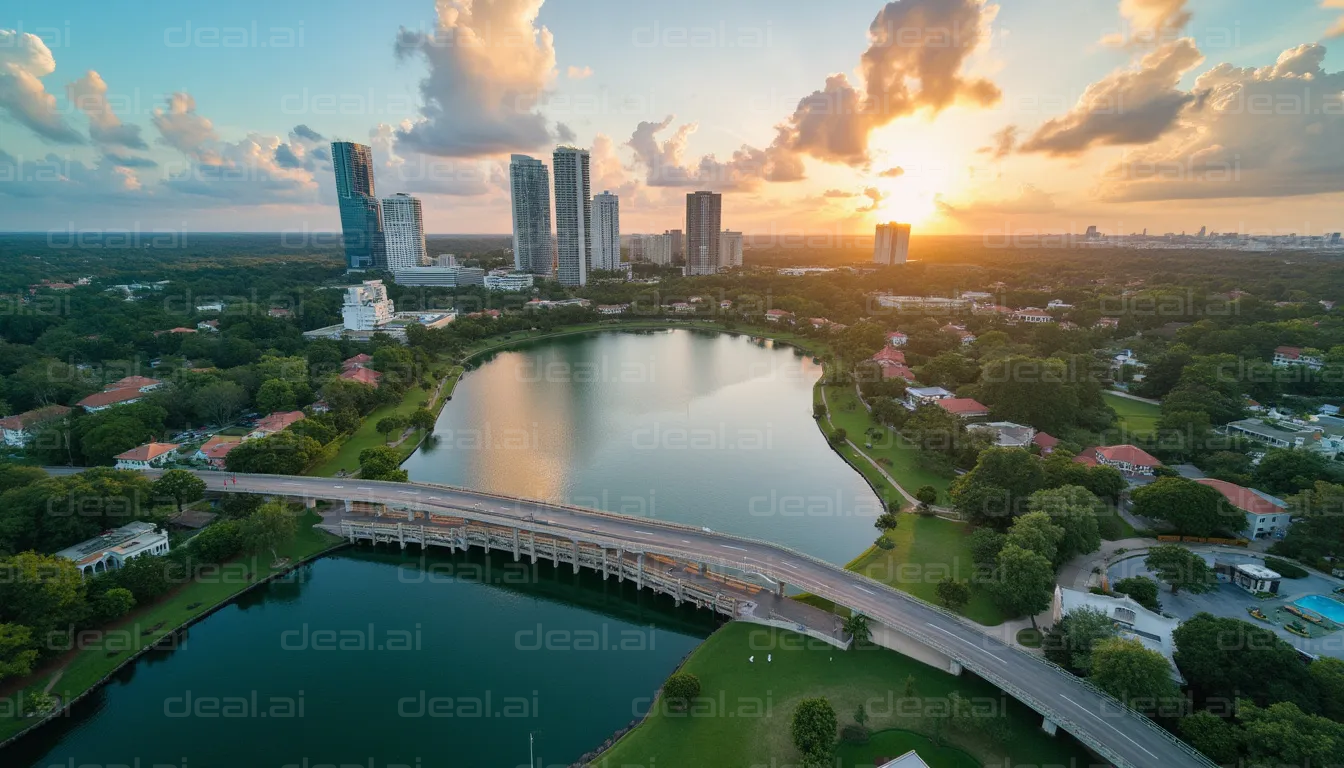 Sunset Over City Lake Skyline