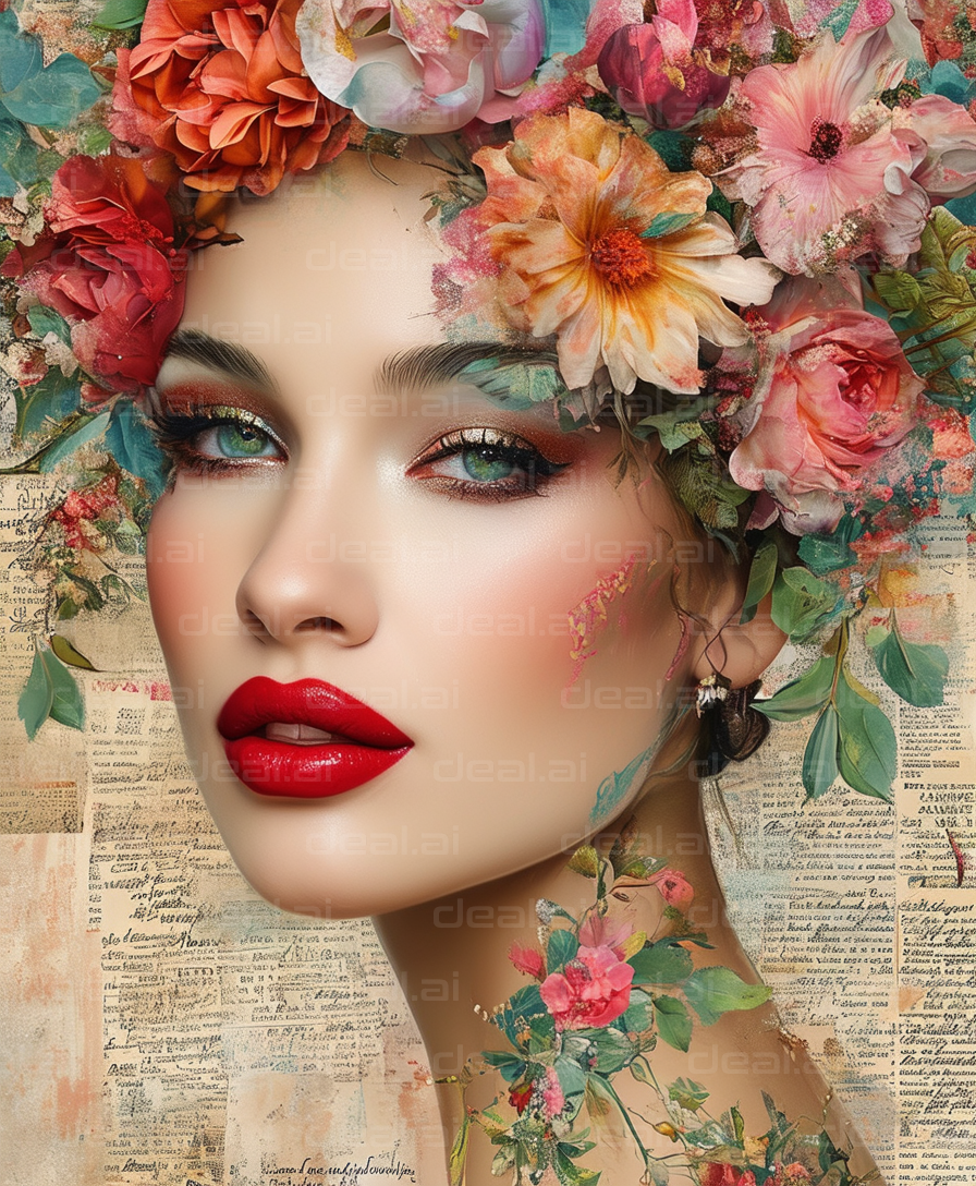 "Floral Beauty with Red Lips"