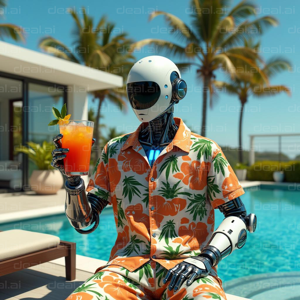 "Robot Enjoys a Tropical Poolside Drink"