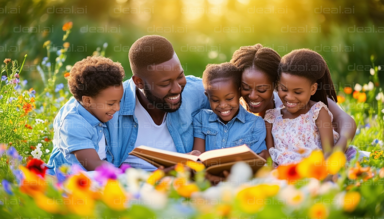 Family Reading Together in a Flower Field