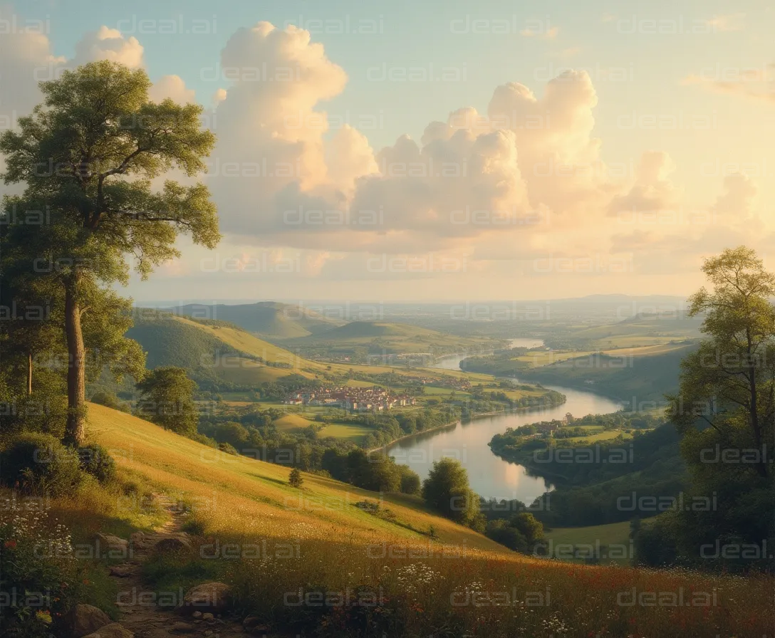 "Peaceful River Valley at Sunset"