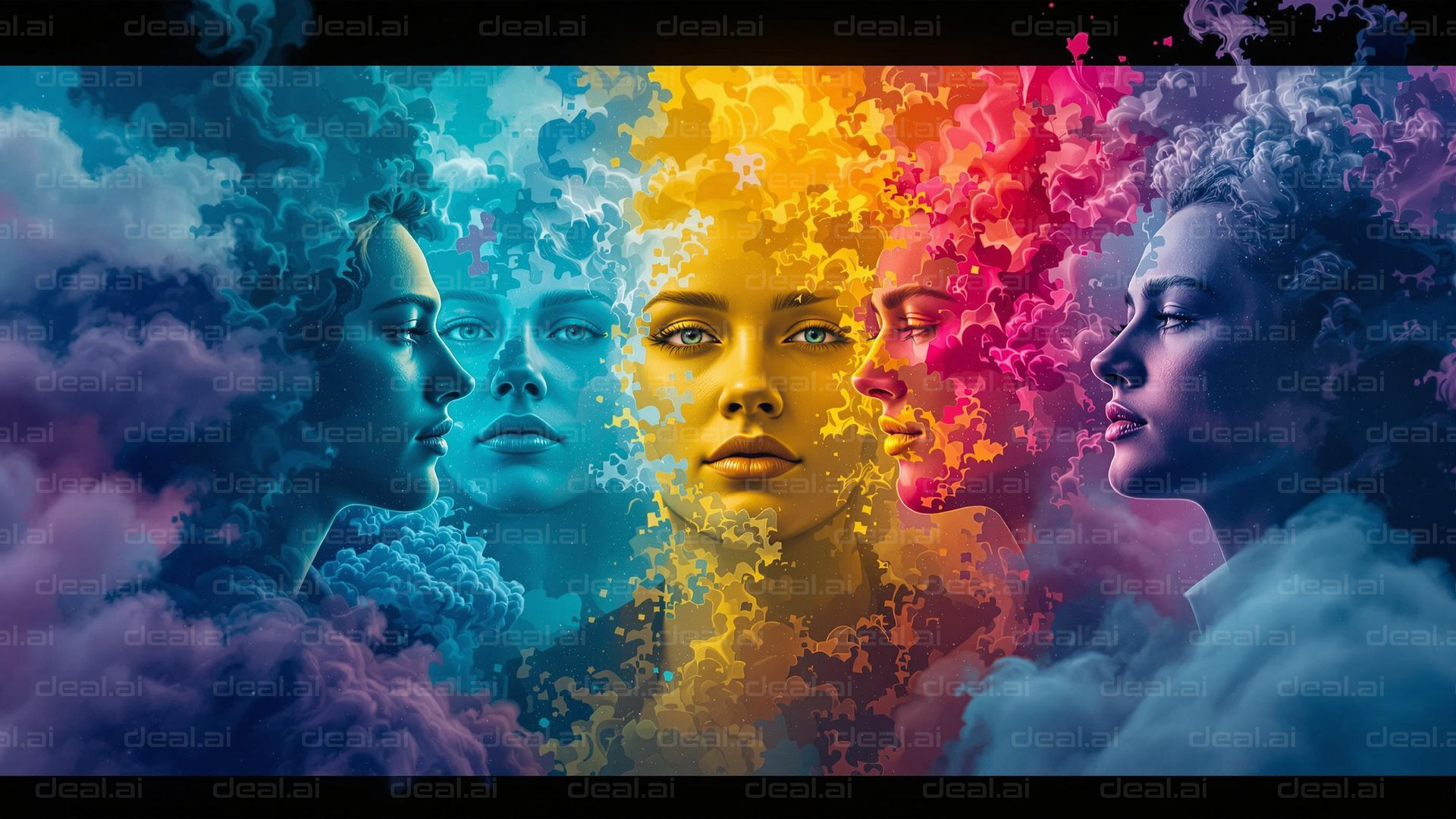 "Colorful Faces in Surreal Clouds"
