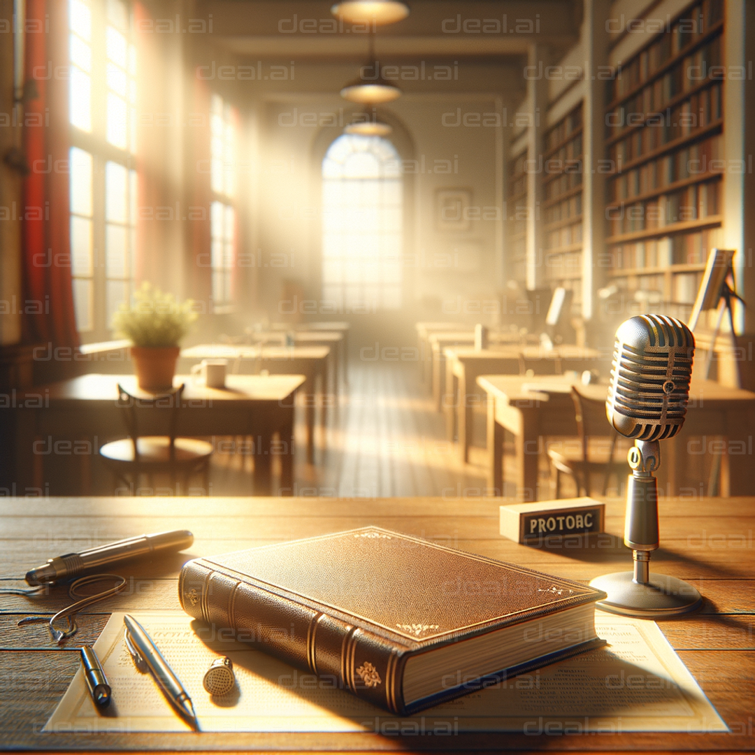 "Vintage Library Setup with Microphone"