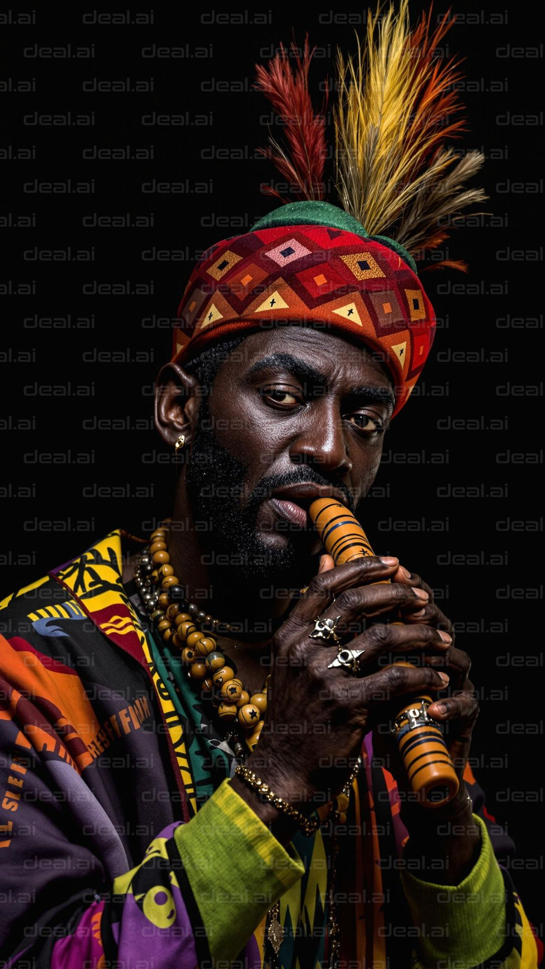 Colorful Musician with Flute and Feathers