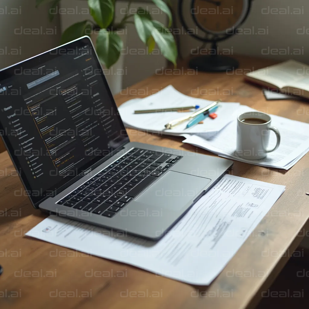 "Home Office Setup with Laptop and Coffee"