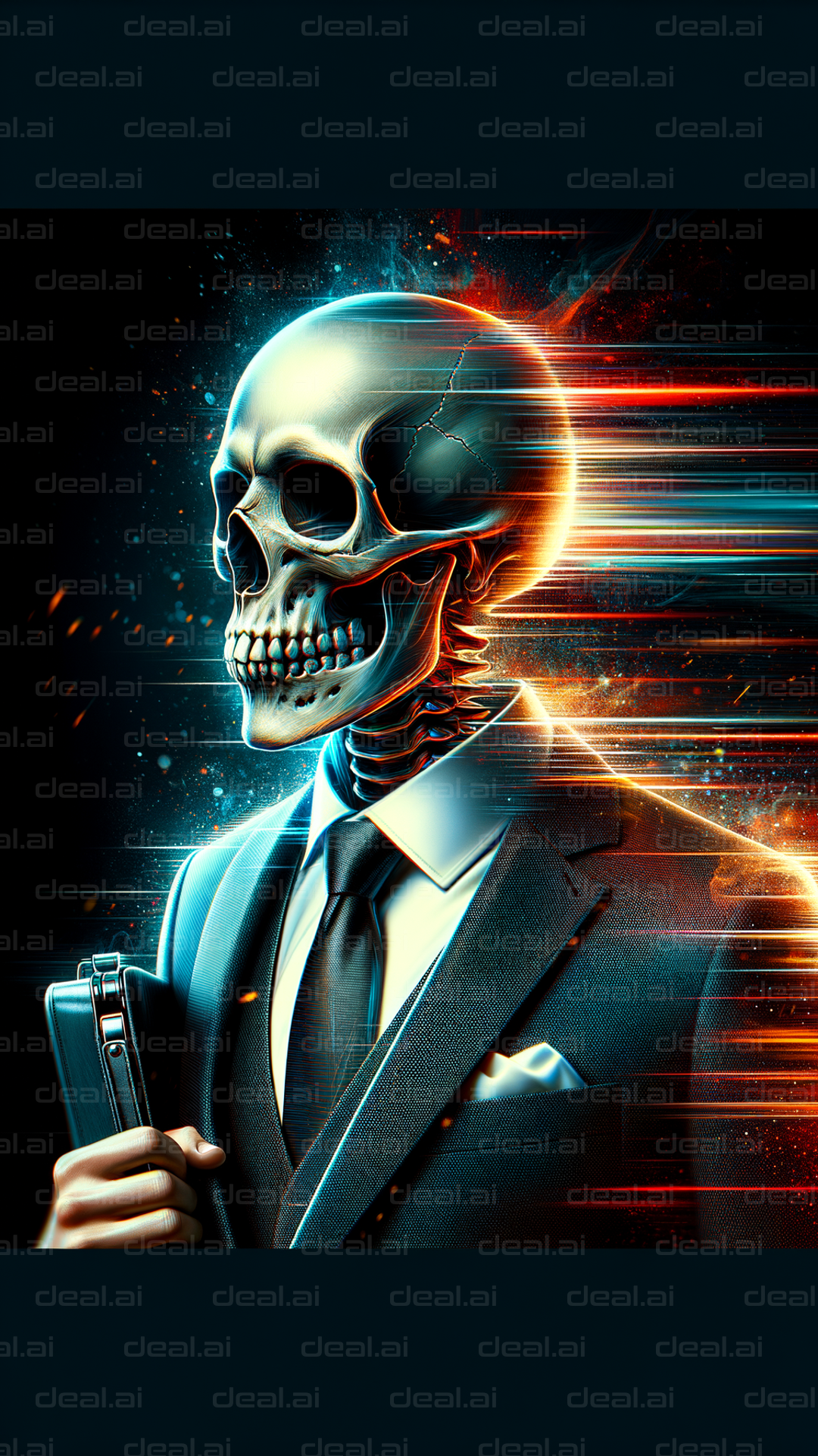 "Skull in Suit with Sci-Fi Background"