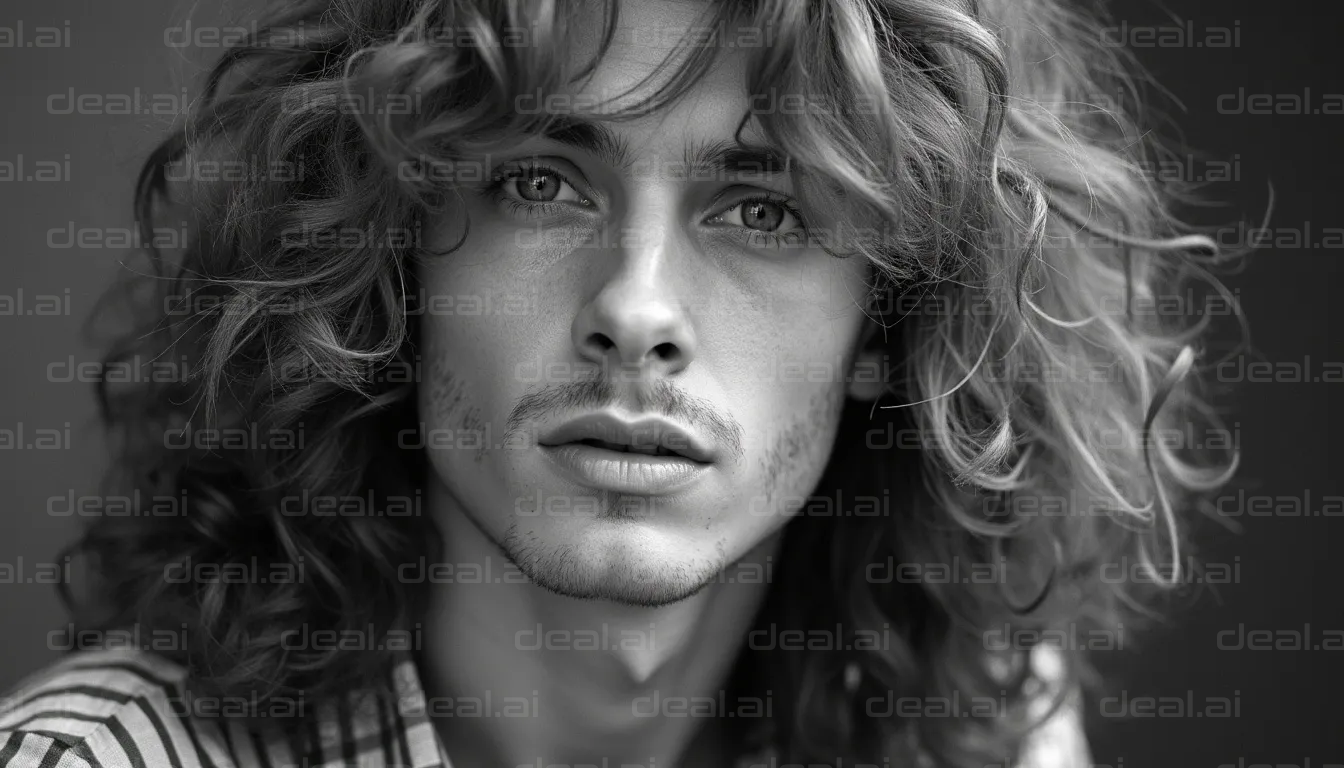 Curly-Haired Portrait in Black and White