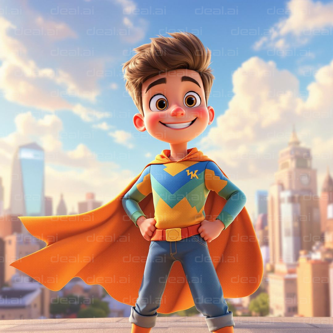 Animated Kid Hero in the Cityscape